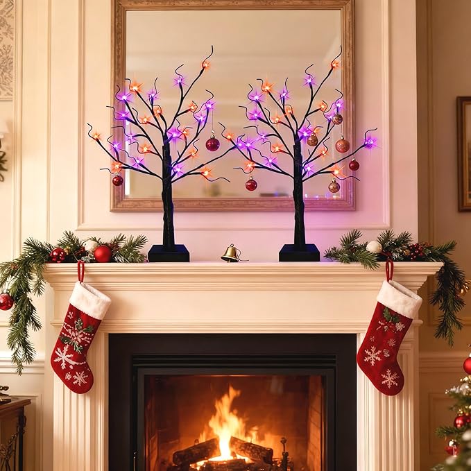 2-Pack Lighted Halloween Christmas Fall Tree Decorations Indoor, 2ft Black Birch Tree with LED Lights, Small Tabletop Christmas tree with lights, Warm White Battery- Powered Fairy Light Spirit