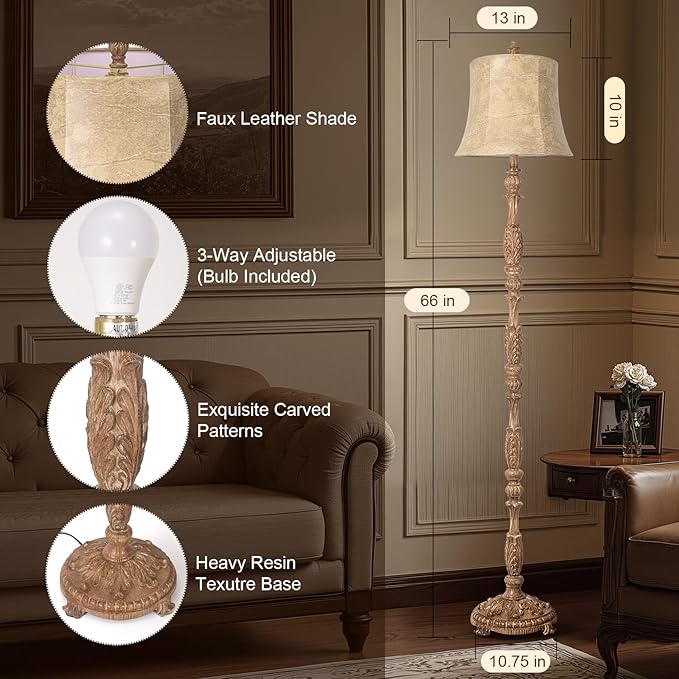 Scenekoy Vintage 66” Tall Floor Lamp for Living Room Bedroom, Resin Carved Standing Lamp with Faux Leather Shade, Adjustable Bulb, Rotary Switch Rustic Lamp for Home Decor (Light Brown)