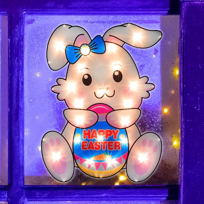 LAMPHOME 17" Lighted Easter Egg Window Silhouette，Bunny with Egg Easter Lighted Window Decoration
