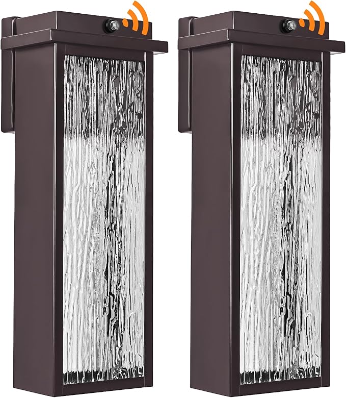 Oil Rubbed Bronze LED Dusk to Dawn Outdoor Lighting 2 Packs, 16" Large Outside Farmhouse Wall Lantern Brown, Industrial Porch Wall Mount Light Fixture with Rippled Glass, Modern Exterior Sconce Lamp