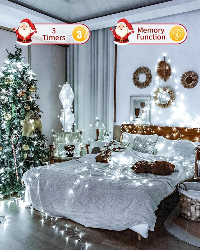 Christmas Lights, 8 Modes Waterproof Timer Dimmable Memory LED Fairy String Light with Remote for Holiday Party Wedding Camping Xmas Tree Indoor Outdoor Decor (Cold White, 108FT 300 LED)
