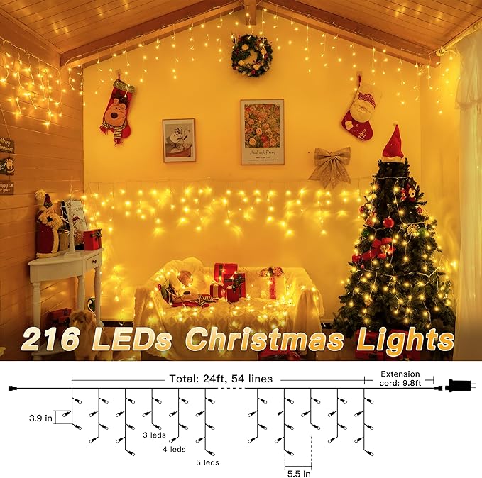 Icicle Lights for Outside, 216LED 24FT Waterproof Christmas Light Outdoor with 8 Modes & Timer, Connectable Christmas Icicle Lights for Eaves House Yard Indoor Outdoor Holiday Decoration(Warm White)