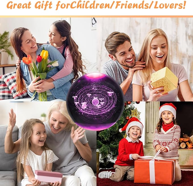 3D Solar System Crystal Ball Lamp,3.15inch Multi-Color Changing Bedroom Decor Night Lights,Christmas Birthday Gifts for Boys, Girls