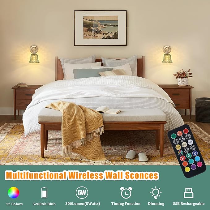 Battery Operated Wall Sconce Set of 2, Vintage Rechargeable Wall Lights with Green Diamond Flower Glass Shade, Wireless Indoor Wall Lamp with Remote for Bedroom Living Room Bathroom