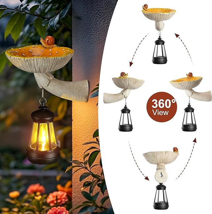 Mushroom with Snail and Lantern Cute Solar Statue Light Garden Decoration Resin Decoration Painted Design Craft Ornament for Indoor Outdoor Gift(Yellow)