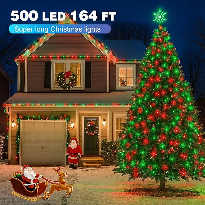 Christmas Lights 500LED 164FT, Waterproof Christmas Tree Lights with 8 Modes, Remote Control 3 Timers & Memory Function Xmas Decorations for House and Holiday (Red and Green)