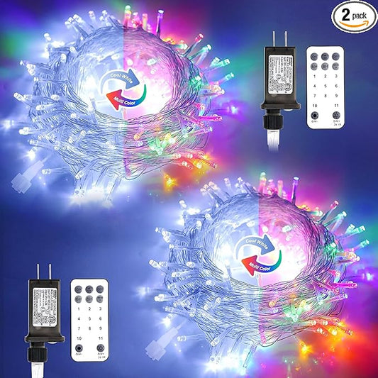 JMEXSUSS 2 Pack 100 LED Color Changing Christmas Lights Indoor, 33ft Cool White & Multicolor Christmas Lights Outdoor Waterproof, Clear Wire String Light Plug in for Xmas Tree Bedroom Decorations
