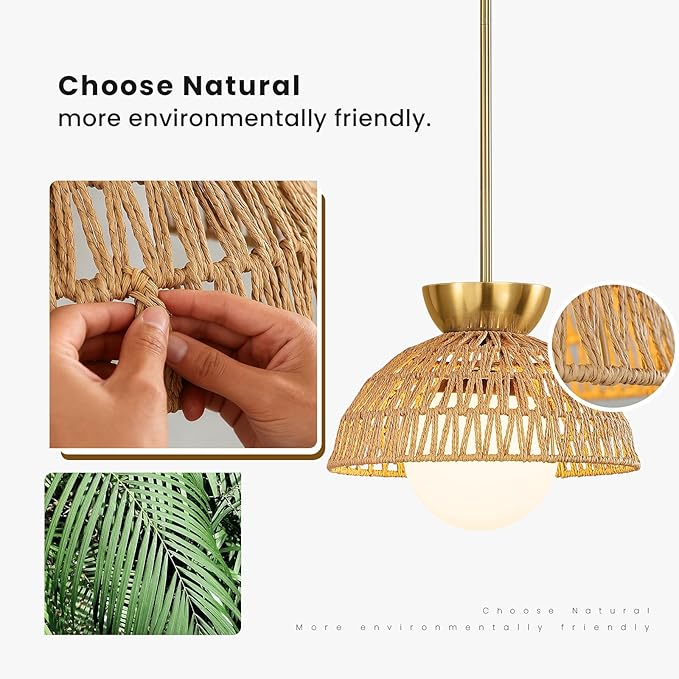 Rattan Pendant Light, 11.8" Hand Woven Boho Pendant Light Fixture with Milk Glass Globe, Gold Kitchen Pendant Lighting Over Island Adjustable Chandelier for Dining Room Hallway Foyer