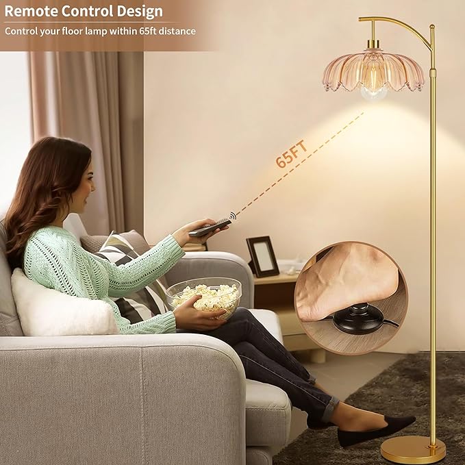 Gold Floor Lamp for Living Room,Bedroom,Mid Century Modern Standing Lamp with Remote,Dimmable Brass Tall Lamp Amber Glass Lamp Vintage Retro Arc Floor Lamps Flower Floor Light Boho Bohemian