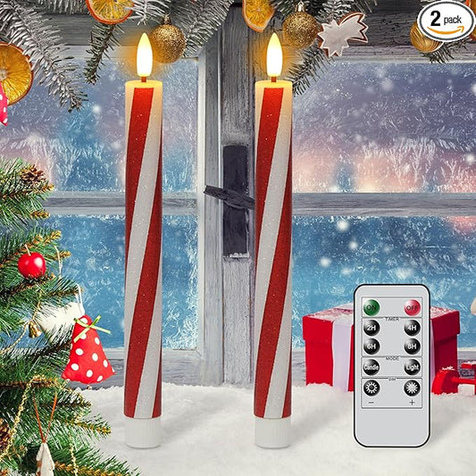 DRomance Christmas Flameless Taper Candles Flickering Battery Operated with Remote Timer, 2 Pack Real Wax 3D Wick LED Taper Candles Candy Cane Decals Holiday Indoor Dinner Decor(0.76" D x 9.65" H)