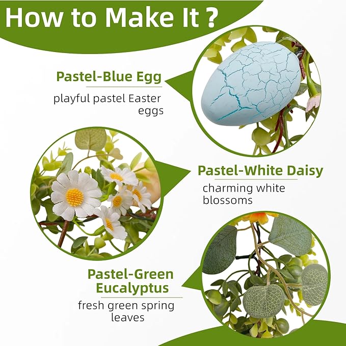 Easter Garland Decorations-6FT Spring Floral Egg Garland with Eucalyptus Leaf Flower,Battery Operated with Timer for Mantle Fireplace Door Home Office