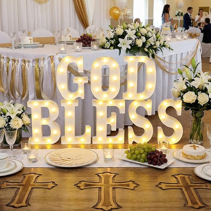 8 Pcs God Bless LED Letter Lights Sign God Bless Baptism Decorations Battery Powered Primera Comunion First Holy Communion Decorations for Baptism Party