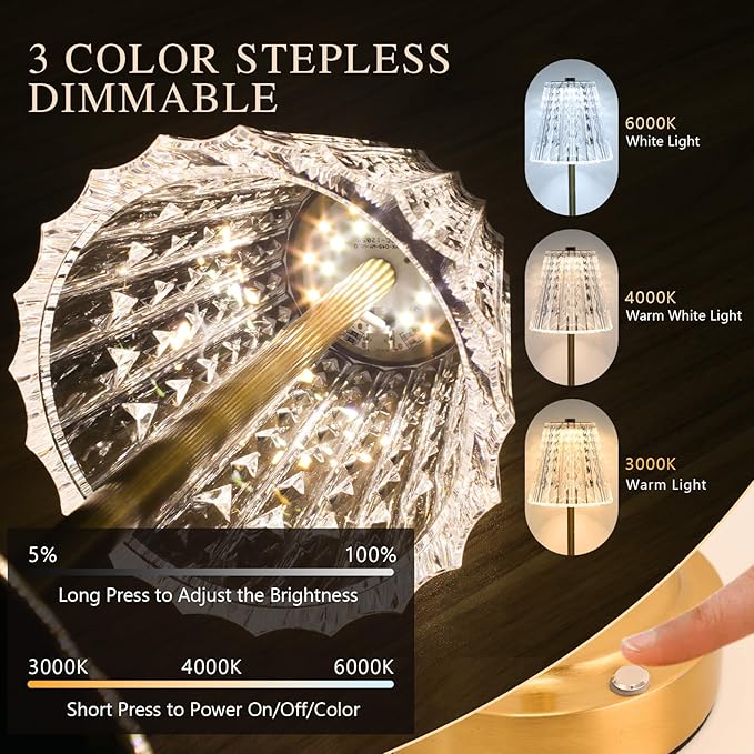 Touch Cordless Table Lamp Rechargeable, 3600mAh Battery Operated Small Crystal Lamp, 3 Color Dimmable Vintage Gold Table Light for Bedroom/Kitchen/Gift for Home Décor ((Luxury Style)