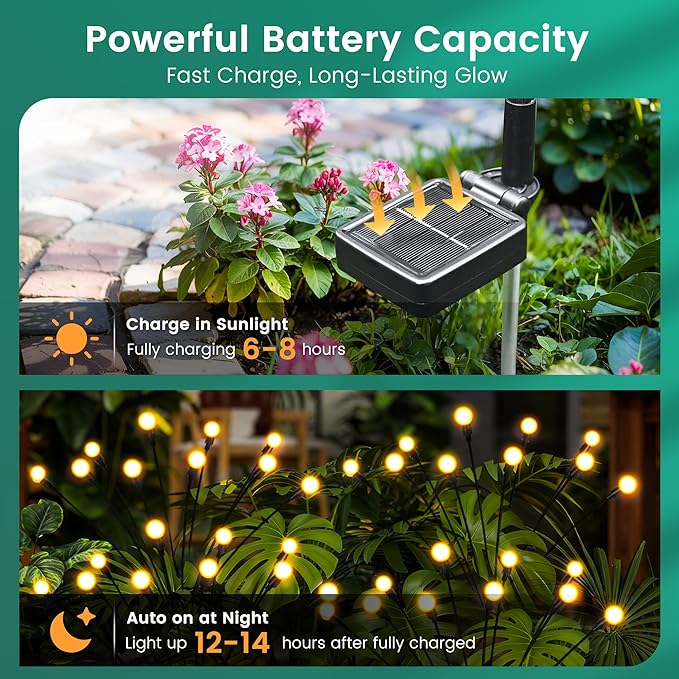 Solar Garden Lights, LED Swaying Solar Lights Outdoor Waterproof, Warm White Firefly Outdoor Decorative Lights, Garden Decor, Yard, Patio, Pathway Decoration Gardening Gifts (2 Pack)