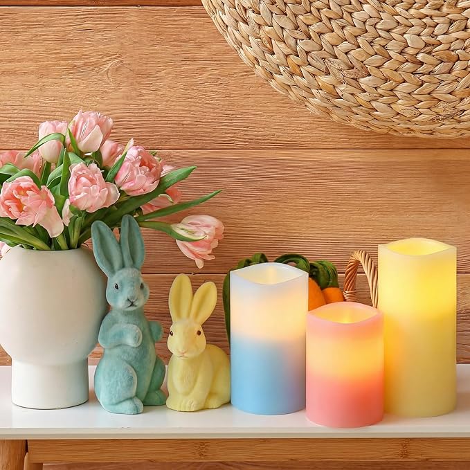 VIHOSE Pastel Flameless Candles Battery Operated Flameless Pillar Candles Real Wax Fake Candle with Remote and Timer Flickering for St. Patrick's Easter Gift Home Party