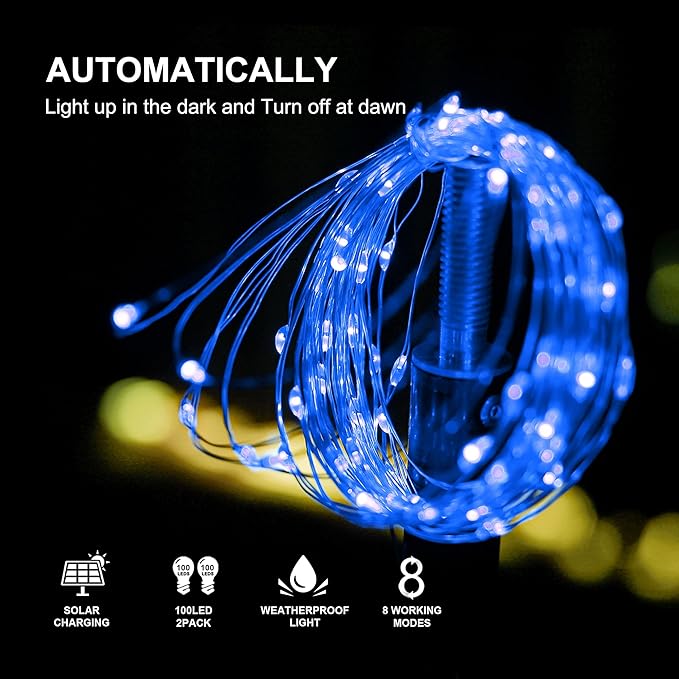 2 Pack 33ft 100 LED Solar Copper String Lights,8 Modes Christmas Fairy Lights Waterproof IP65 Twinkle Lighting Indoor Outdoor Fairy Firefly Lights Auto ON/Off (Blue)
