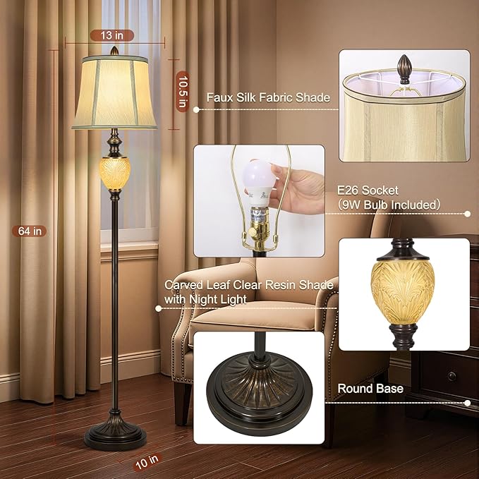 Vintage Floor Lamp with Nightlight, 64" Tall Lamp with Beige Faux Silk Shade, Rotary Switch, Farmhouse Design Brown Standing Lamp for Living Room Bedroom Office Dining Room Corner (LED Bulb Included)