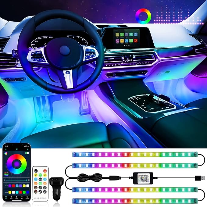 RGB 72 LED Interior Car Strip Lights with Smart APP Control, 2 Lines Design Music Sync Under Dash Footwell Neon Internal Lighting,12V LED Strip Lights for Cars, Trucks, SUVs with Car Charger(1 Set)