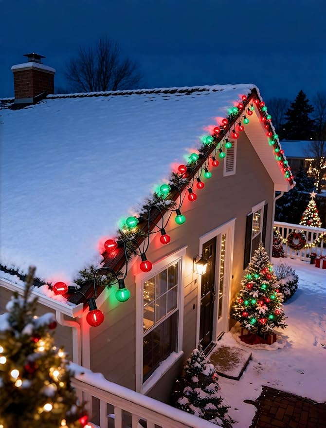 50Ft Clear Red and Green Outdoor LED Lights,G40 Globe Patio Christmas String Lights with 25 Ceramic Colorful Bulbs(2 Spare),Outside Christmas Hanging Lights for Christmas Tree Roofline Holiday Party
