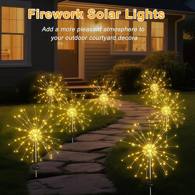 Solar Garden Firework Lights Outdoor Waterproof, 2 Pack Solar Lighting with 8 Lighting Modes, 120 LED Sparklers String Lights for Outside Decor Yard Pathway Decorations(Warm)