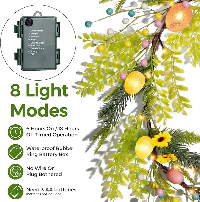 6FT Prelit Easter Garland with 20 LED Lights & 8 Modes Timer,Easter Decorations for Home,Battery Operated Lighted Easter Egg Garland with Berry Daisy for Mantle Door Table Indoor Outdoor Spring Decor