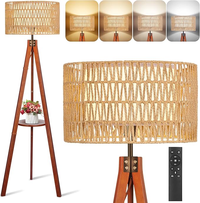 OUTON Boho Rattan Tripod Floor Lamp with Shelves, Remote Control, Dimmable Mid Century Modern Standing Lamp 58.5" for Bedroom, Living Room & Office, Lamp Shade Includes E26 9W Bulb, Walnut