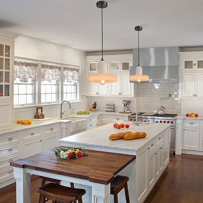 Alabaster Pendant Light Kitchen Island, Black Hanging Light Fixture with Natural Alabaster Stone Shade, Adjustable Pendant Lighting Over Sink, Dining, Bar, Counter - 2 Pack