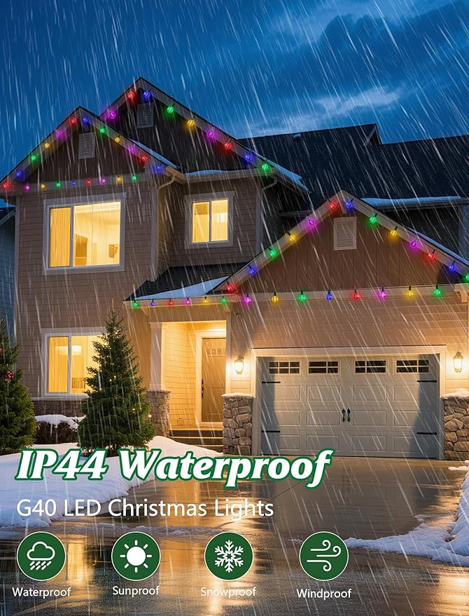 SUNSGNE 25FT LED Colored Christmas Lights with 25 G40 LED Shatterproof Frosted Multicolor Globe Bulbs, Waterproof Colorful Christmas String Lights for Patio Backyard Porch Balcony Gazebo Party Decor