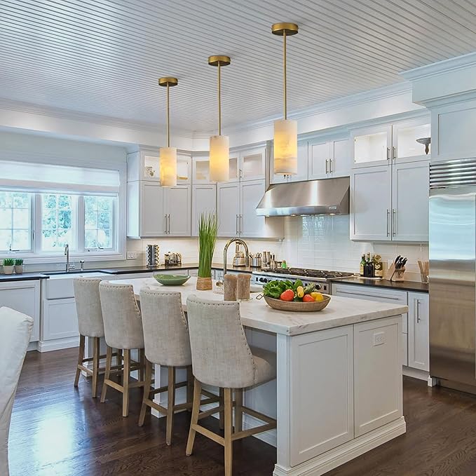 Alabaster Pendant Light for Kitchen Island, H-9.5in Modern Brass Hanging Light Fixture with Natural Alabaster Stone Shade, Adjustable Pendant Lighting Over Sink, Dining, Bar, Counter