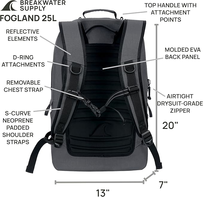 Breakwater Supply™ Waterproof IP68 Submersible Backpack with Airtight Zippers | Laptop Travel Outdoors | Fogland 25L 20L 15L | 100% Waterproof, Submersible, Airtight Zippers, Travel Outdoors