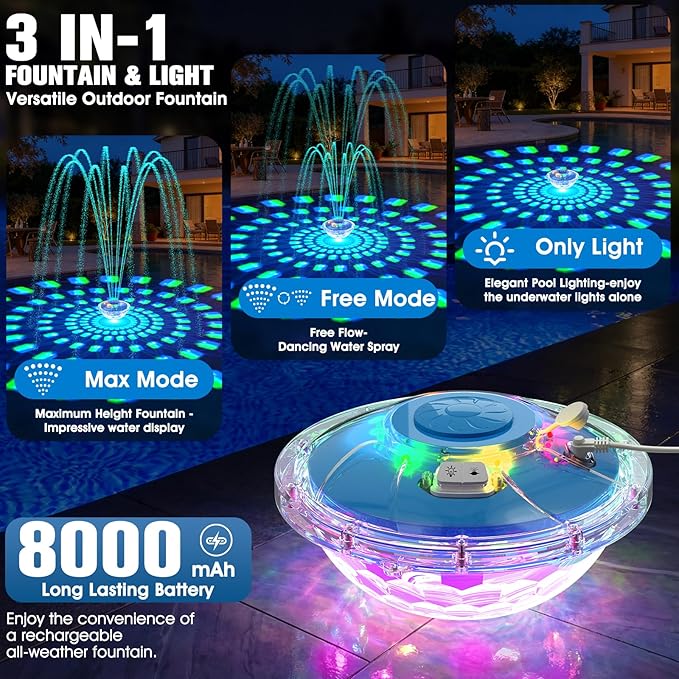 8000mAh Rechargeable Pool Fountain with Lights,2026 Floating Pool Fountain for Above Ground Pool Water Fountain Pump with Anchor,Upgraded Swimming Pool Fountain Floating Pump for Pool Pond-Light Blue