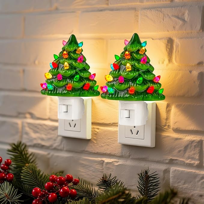 Brightown Ceramic Christmas Tree Night Light - 2 Pack 5.2" Christmas Decorative Ceramic Tree with ON/Off Switch, Vintage Christmas Night Light for Bedroom Bathroom Living Room Porch Holiday Decor