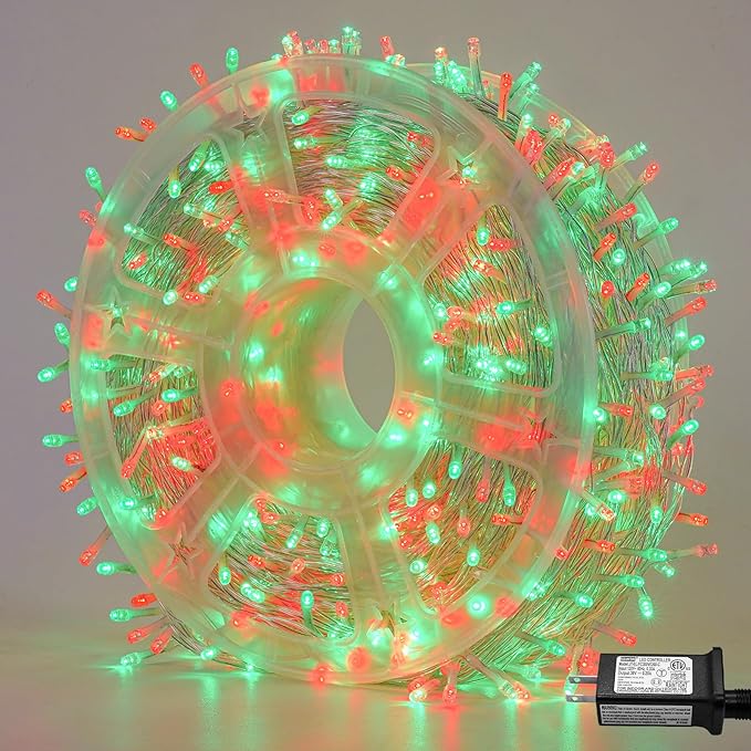 QITONG Red and Green String Light Outdoor Waterproof, 165ft 500 LED Clear Wire Christmas Lights Indoor, 8 Modes Twinkle Xmas Light Plug-in