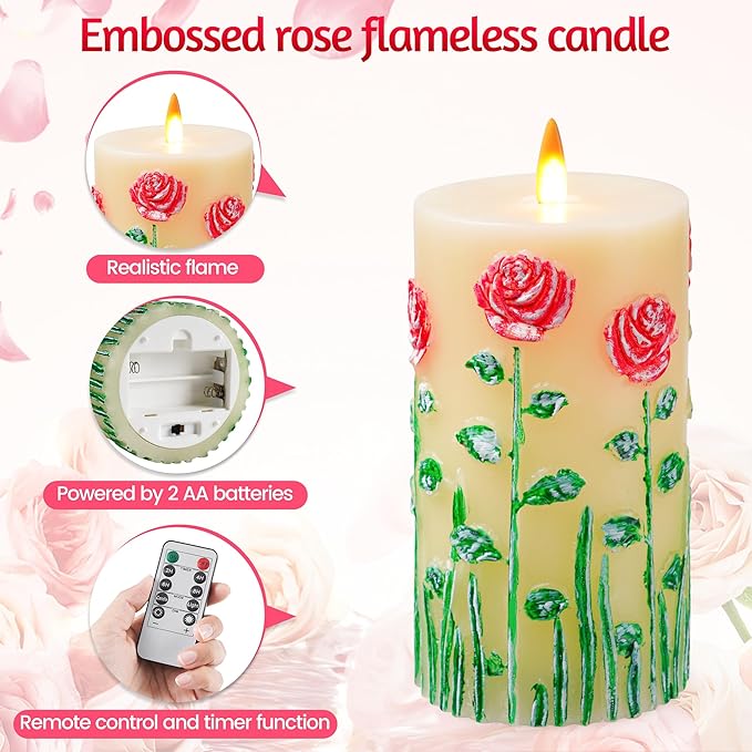 Red Rose Embossed Flameless Candle with Flickering Flame - Battery Powered Candle with Remote Timer - Real Wax - Unscented - Home - Holiday Decoration (3" x 6 ")