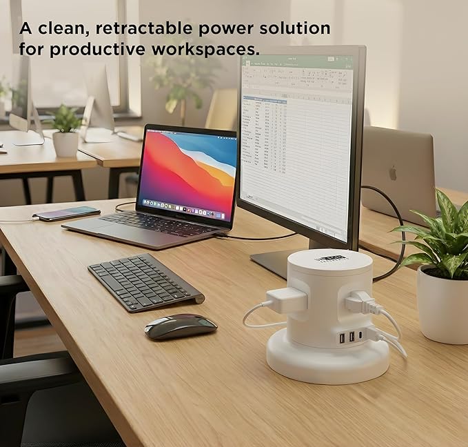 Uncaged Ergonomics Retractable Power Strip with USB Ports, Surge Protector with USB C Ports Fast Charging, Auto Retracting Cord Compact Desktop Charging Station for Home, Office, Nightstand, White