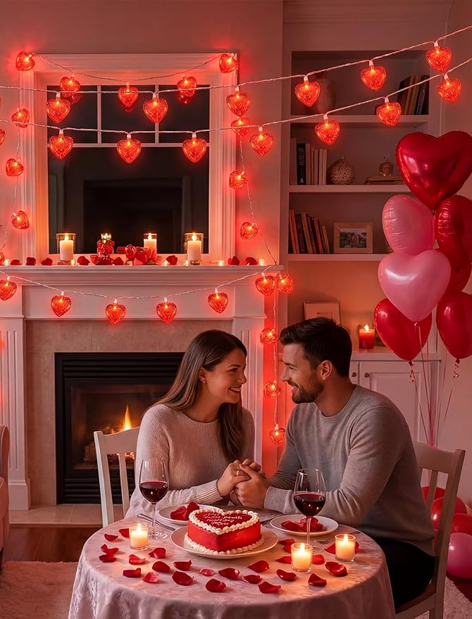 8.5Ft Red Heart String Lights,10 LED 3D Glitter Hearts Plug in Fairy Heart Shape Lights,Connectable Valentine's Day Decorations for Bedroom,Window,Wedding,Anniversary,Indoor Outdoor