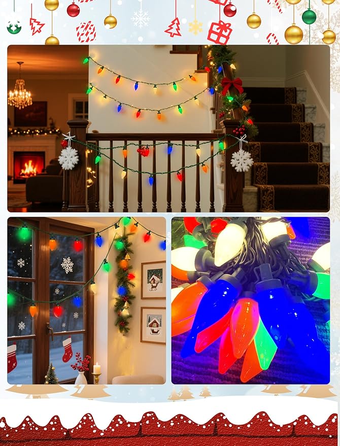 C7 LED Christmas Lights Outdoor, 26Ft Outdoor Christmas Decoratios String Lights Waterproof with 50 LED C7 Multicolor Bulbs, Vintage Christmas Lights for Indoor Roofline Backary Garden House Party