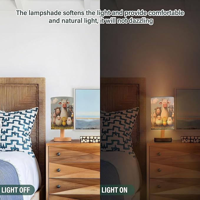 Cute Farm Animal in Floral Grass Table Lamp with Wood Base Fabric Lamp Shade Bedside Nightstand Desk Lamp for Living Room Bedroom Kids Room Office