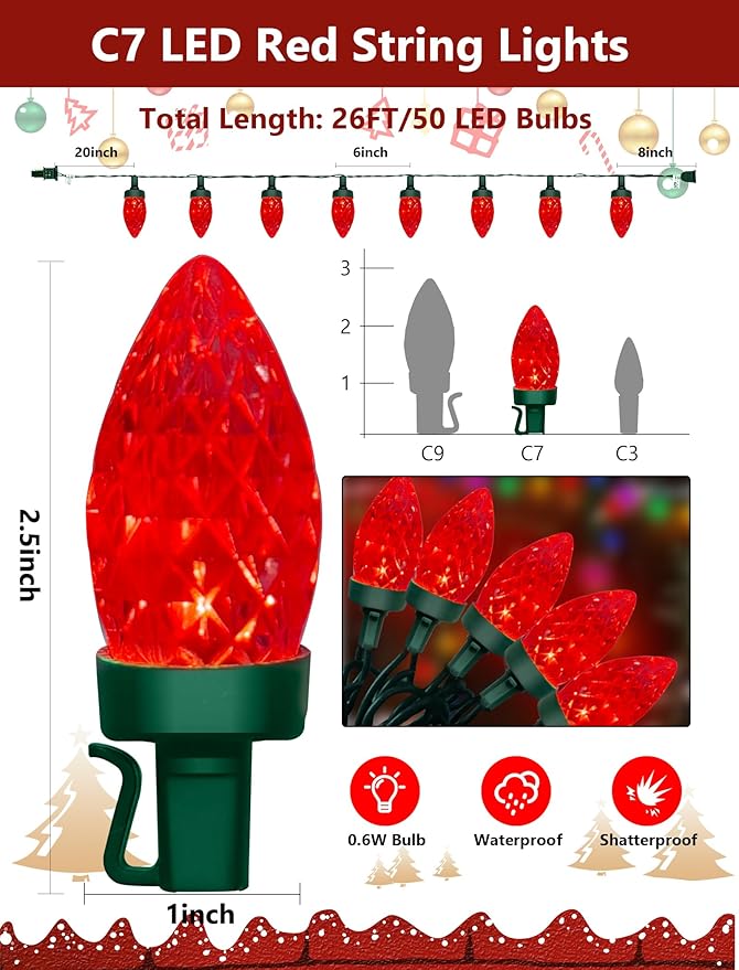 C7 LED Red Christmas Lights Outdoor, 26Ft Outdoor Xmas Decorations String Lights Waterproof with 50 C7 Strawberry Red Bulbs, Plug in Vintage Christmas Lights for Indoor Roofline Backyary House Garden
