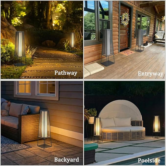Outdoor Floor Lamp Set of 2, Rattan Solar Lanterns Outdoor Waterproof for Balcony, Deck, Garden & Patio (Gray)
