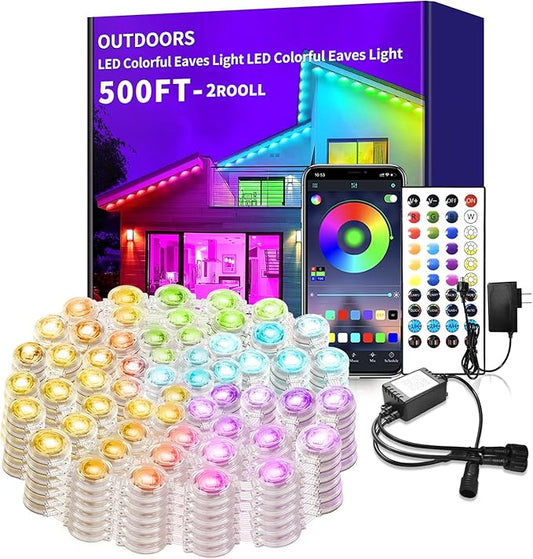 Permanent Outdoor Lights 500ft Smart Outside RGB LED Christmas Light, App Control Remote IP67 Waterproof Eternity Eaves Lighting for Halloween，House，Patio Decor ，Garden Decor, Decorations