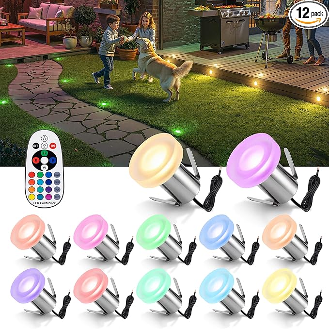 RGBW Deck Lights 12 Pack, Mini 3W 12V Low Voltage In-Ground Well Lights, LED Landscape Lighting, Warm White & 16 Colors, IP67 Waterproof Recessed Stainless Steel Acrylic Design for Stairs