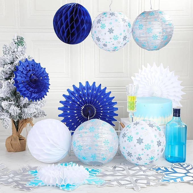 Retisee 18 Pcs Winter Party Decorations Snowflake Paper Lanterns Blue Sliver Hanging Paper Fans Hanging Honeycomb Ball for Wonderland Party Holiday Winter Decor Supplies