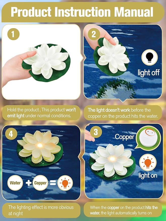 Hortsun 12 Pcs Floating Lotus Lights with Batteries Lily Pads Pool Flowers Floating Candles Decor Artificial Pond Plants Decorations for Pool Pond Outdoor Indoor (White,5.91 Inch)