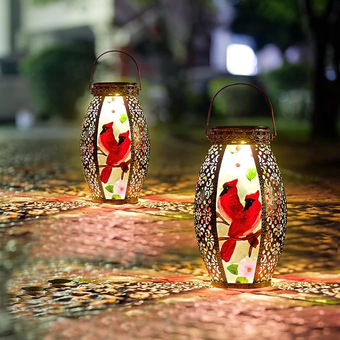 Larger Hanging Cardinal Solar Lantern 2 Pack Waterproof, Solar Lantern Decorative Cardinals Solars Lights for Outside Yard Table Patio Garden Pathway Lawn Cardinal Gifts
