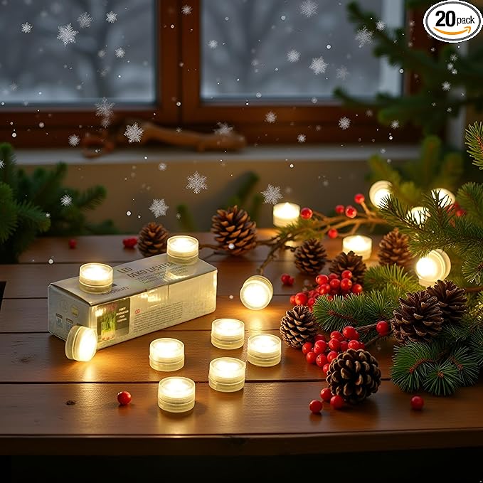 Mini Waterproof Battery Christmas LED TeaLight 20pcs 1.2" Battery Powered LED Puck Accent Light for Party Events Wedding Hallowen Pumpkin Light Pond Fountain Decor(Warm White)