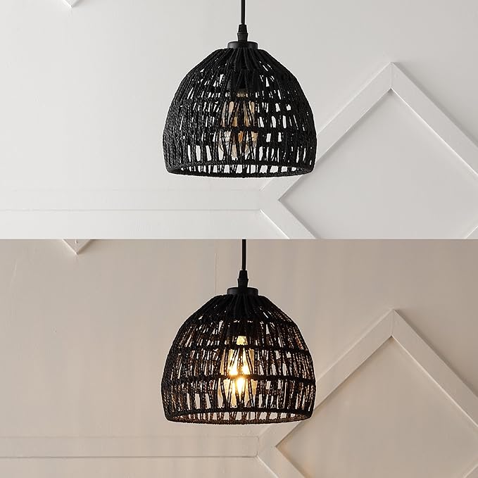 JONATHAN Y 8.25" Black Modern Bohemian Woven Rope LED Pendant Light Fixture, Adjustable Dome Ceiling Lamp for Kitchen Island, Rope Shade, Coastal Farmhouse Decor (JYL6512B)