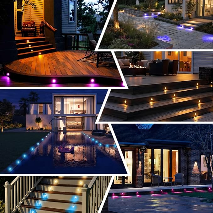 FVTLED LED Deck Lights Kit, 50pcs Φ1.22 WiFi Smart Phone Control Low Voltage Recessed RGBW Deck Lighting Waterproof Outdoor Yard Path Stair Decor, Black