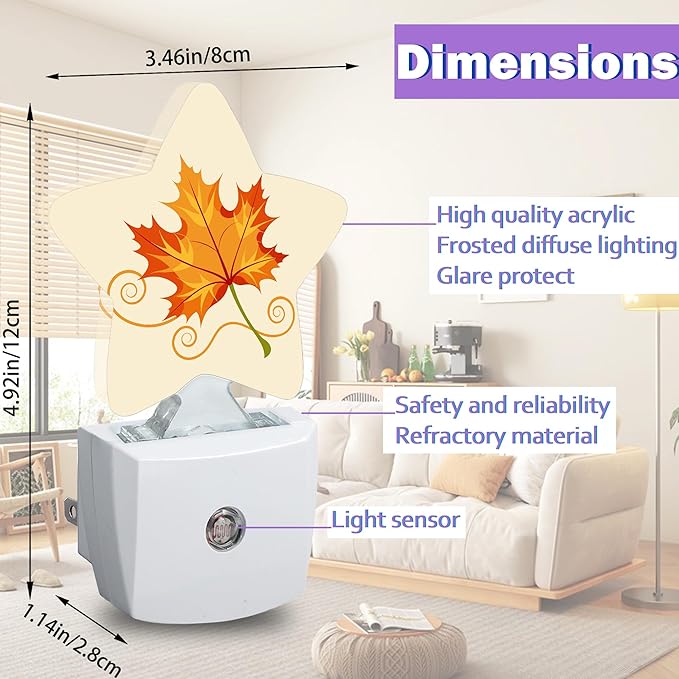 Energy Efficient Nightlights Plug in Wall, Fall Leaf Night Light for Kids Bedroom Decorative, Orange Maple Leaf Dusk-to-Dawn Sensor Sleep Friendly Lamp for Nursery Bathroom Basement