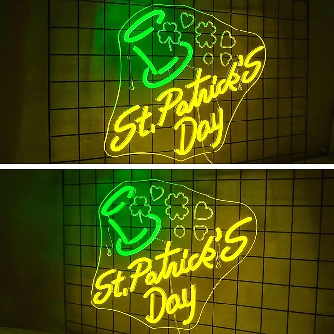 St Patricks Day Neon Sign,Dimmable St. Patrick's Day Neon Signs for Wall Decor,Green Hat Clover Neon Light Happy St. Patrick's Day Decoration USB Led Sign for Bedroom Living Room Wall Art
